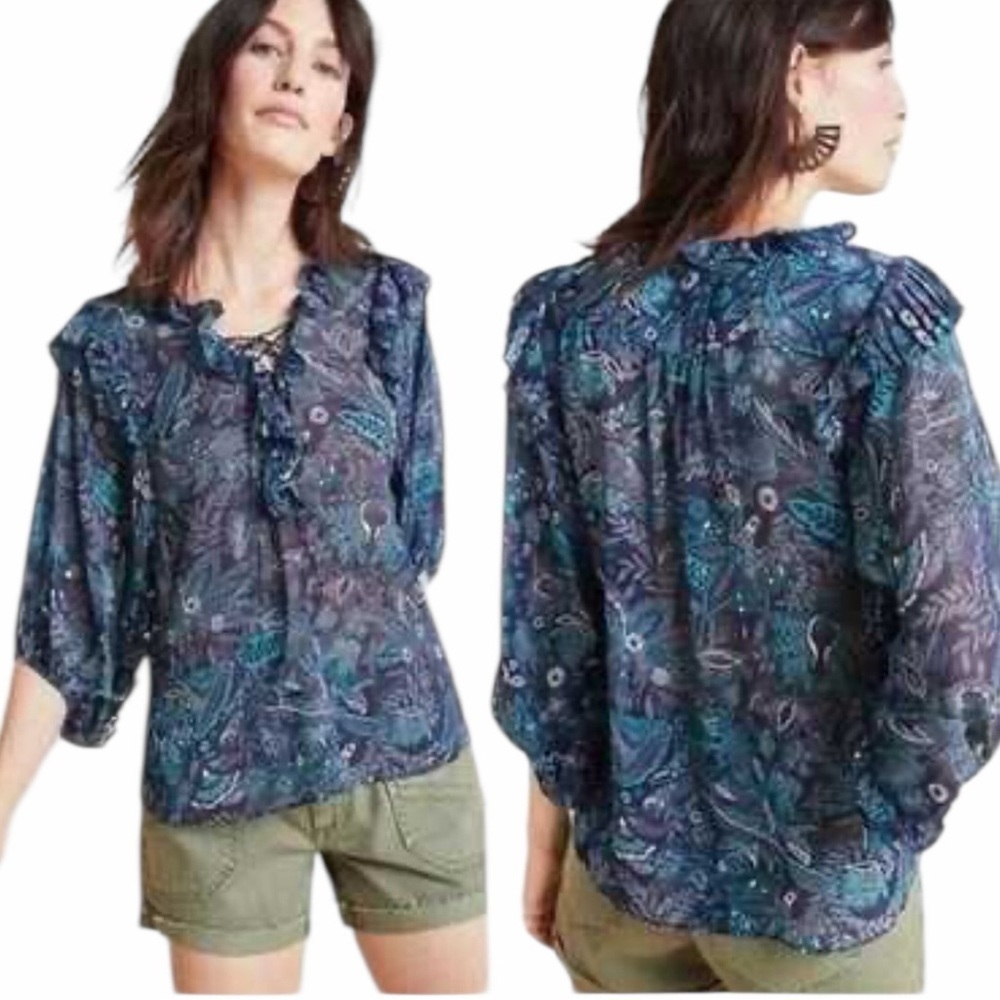Anthropologie Boho Floral Ruffle Tie-Neck 3/4 Flowy Sleeve Blouse Medium Blue